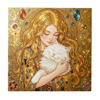 Cute Girl With Cat Art Nouveau Gustav Klimt Style  Ceramic Tile