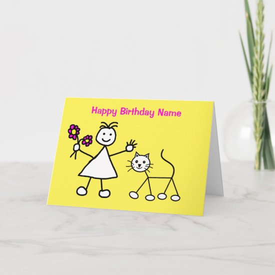 Cute Girl with Cat Birthday Card