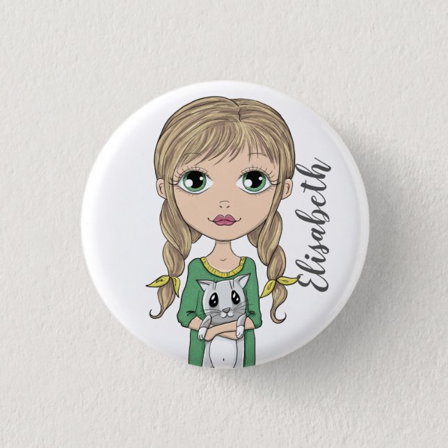 Cute Girl with Cat Personalized Button (Front)