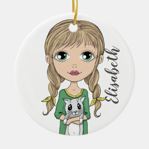 Cute Girl with Cat Personalized Ceramic Ornament