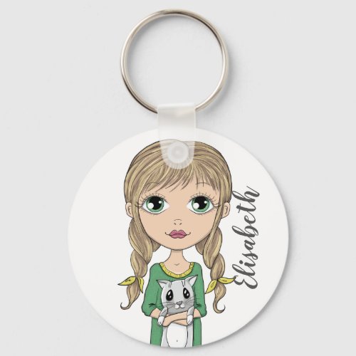 Cute Girl with Cat Personalized Keychain