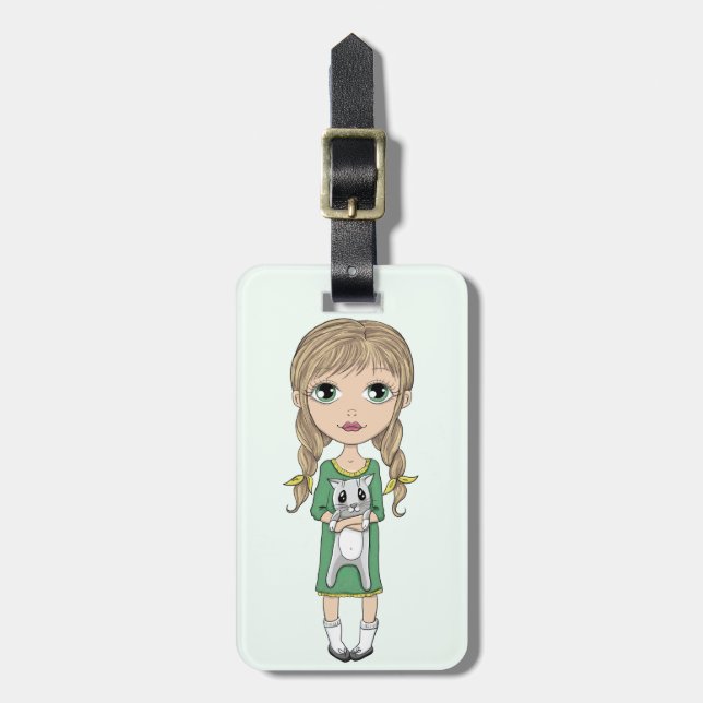 Cute Girl with Cat Personalized Luggage Tag (Front Vertical)