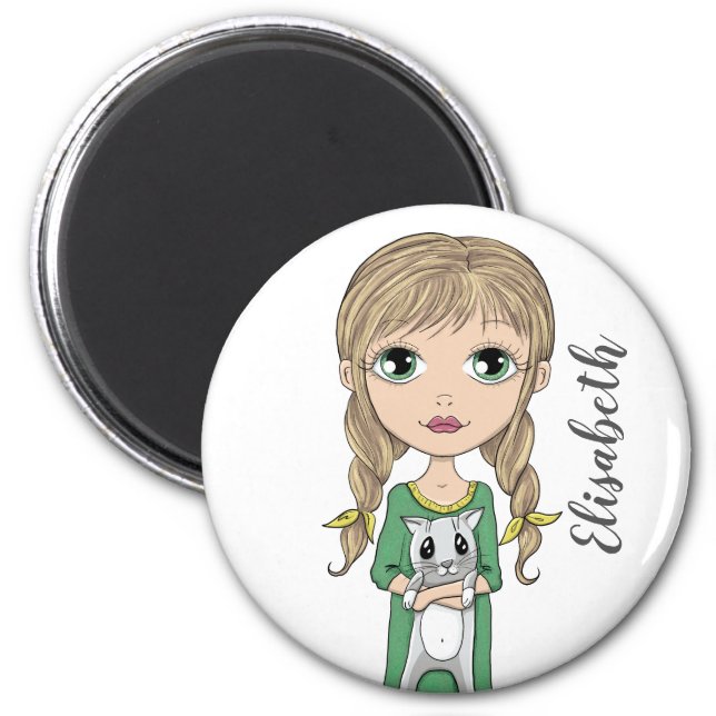 Cute Girl with Cat Personalized Magnet (Front)