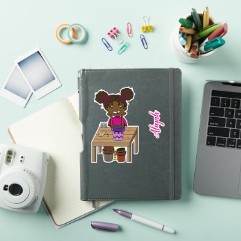 Cute Girl With Cat Personalized Vinyl Sticker by ArianeC at Zazzle