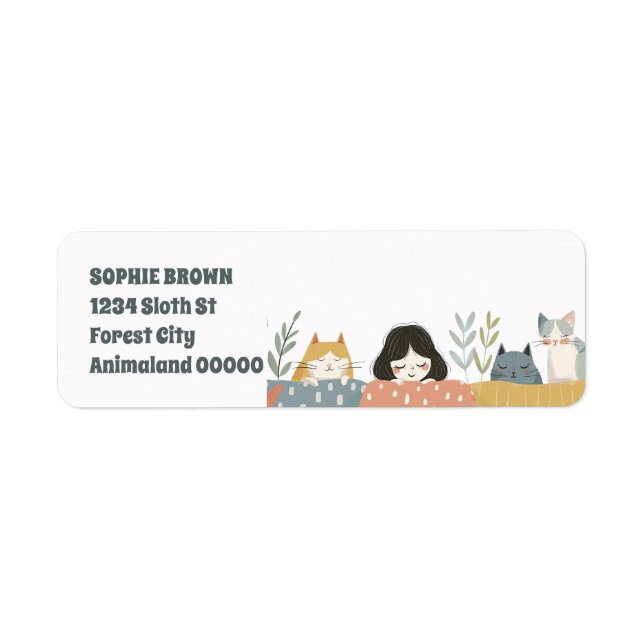 Cute Girl with Cats Whimsical Return Address Label (Front)