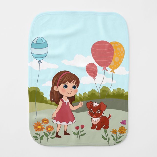 Cute Girl with Dog & Balloons  Baby Burp Cloth (Front)