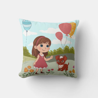 Cute Girl with Dog & Balloons  Throw Pillow