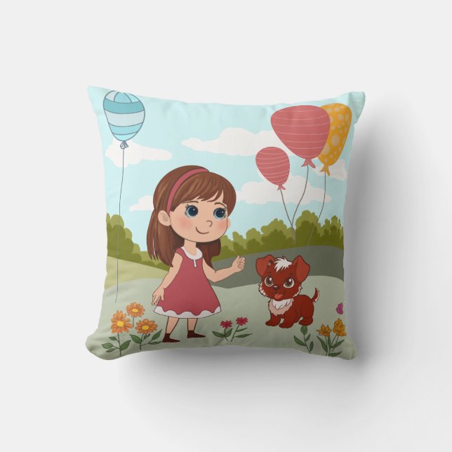 Cute Girl with Dog & Balloons  Throw Pillow (Front)