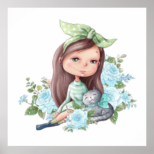 Cute Girl with Gray Cat Flowers Poster (Front)