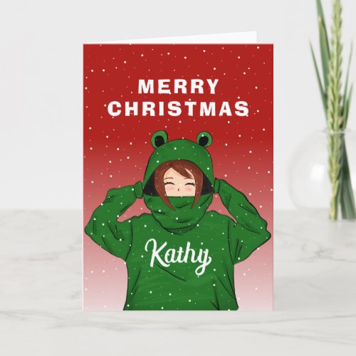 Cute Girl with Green Frog Hoodie Drawing Christmas Card