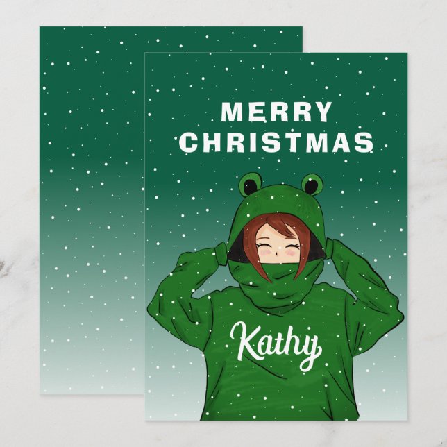 Cute Girl with Green Frog Hoodie Drawing Christmas Holiday Card (Front/Back)