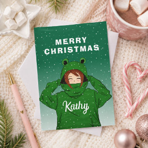 Cute Girl with Green Frog Hoodie Drawing Christmas Holiday Card