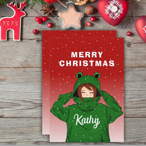 Cute Girl with Green Frog Hoodie Drawing Christmas Holiday Card