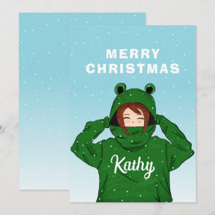 Cute Girl with Green Frog Hoodie Drawing Christmas Holiday Card
