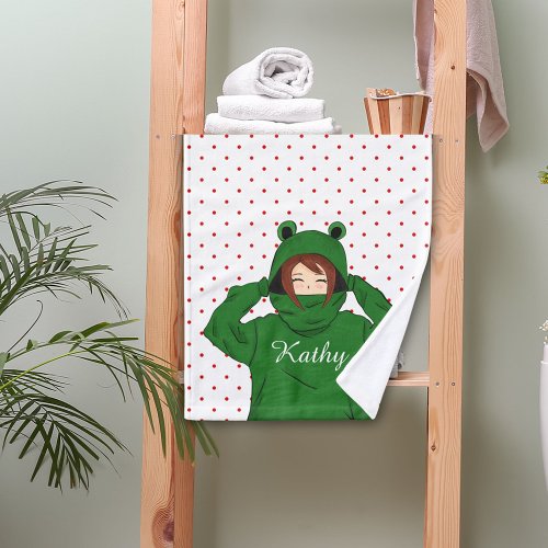 Cute Girl with Green Frog Hoody Drawing Bath Towel Set