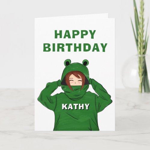 Cute Girl with Green Frog Hoody Drawing Birthday  Card