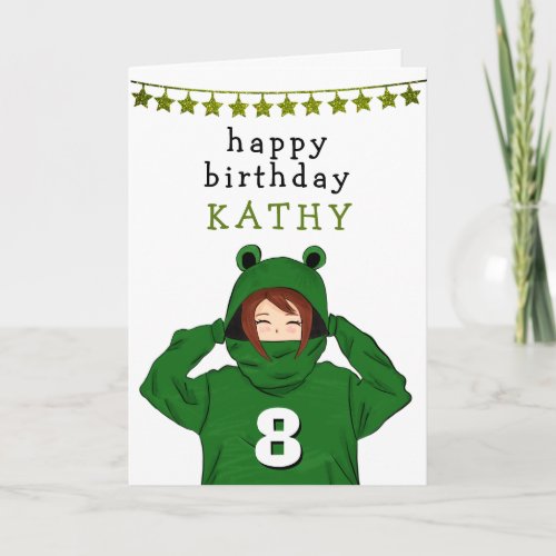 Cute Girl with Green Frog Hoody Drawing Birthday Card