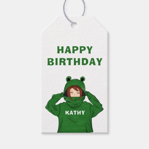 Cute Girl with Green Frog Hoody Drawing Birthday Gift Tags