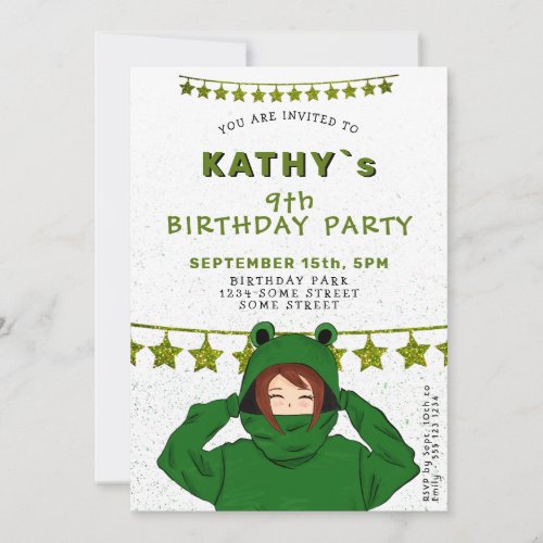 Cute Girl with Green Frog Hoody Drawing Birthday I Invitation