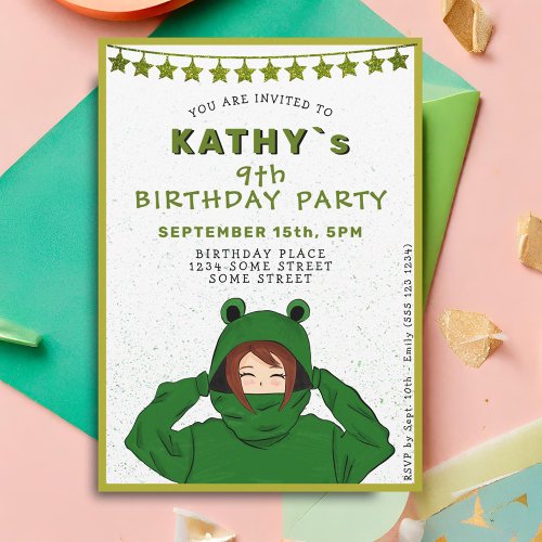 Cute Girl with Green Frog Hoody Drawing Birthday Invitation
