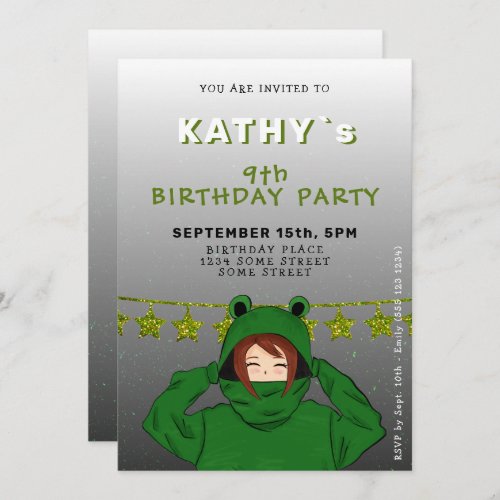 Cute Girl with Green Frog Hoody Drawing Birthday  Invitation