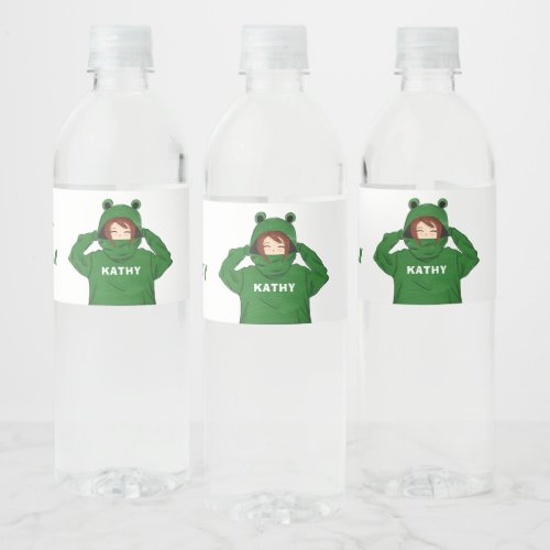 Cute Girl with Green Frog Hoody Drawing Birthday Water Bottle Label