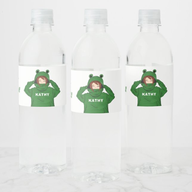 Cute Girl with Green Frog Hoody Drawing Birthday Water Bottle Label (Bottles)