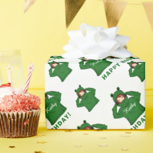 Cute Girl with Green Frog Hoody Drawing Birthday Wrapping Paper