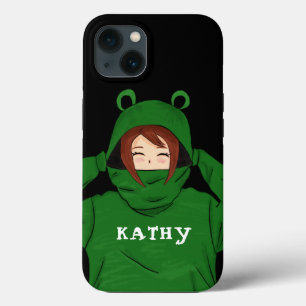 Cute Girl with Green Frog Hoody Drawing Black iPhone 13 Case