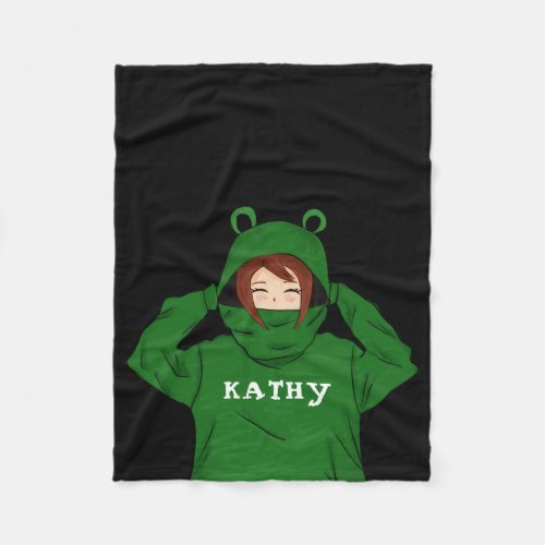 Cute Girl with Green Frog Hoody Drawing Black Fleece Blanket