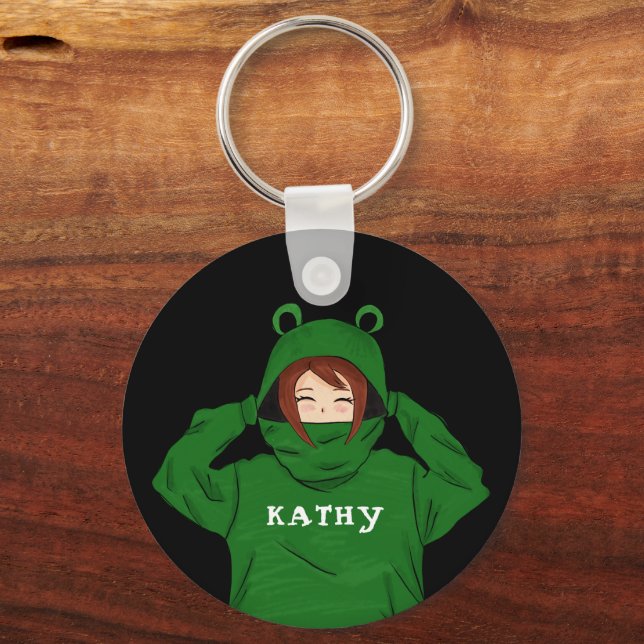 Cute Girl with Green Frog Hoody Drawing Black Keychain (Front)