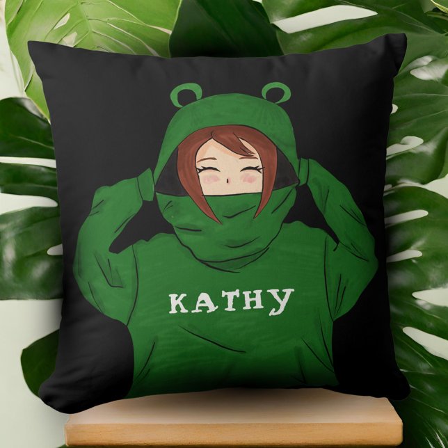 Cute Girl with Green Frog Hoody Drawing Black Name Throw Pillow (Creator Uploaded)