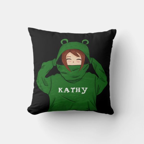 Cute Girl with Green Frog Hoody Drawing Black Name Throw Pillow