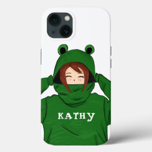 Cute Girl with Green Frog Hoody Drawing iPhone 13 Case