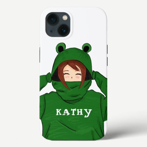 Cute Girl with Green Frog Hoody Drawing  iPhone 13 Case