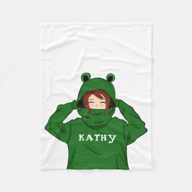 Cute Girl with Green Frog Hoody Drawing Fleece Blanket (Front)