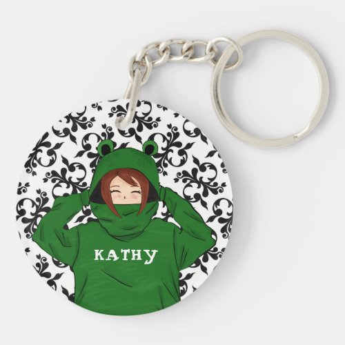 Cute Girl with Green Frog Hoody Drawing  Keychain