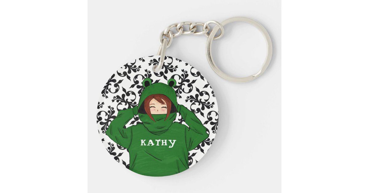 Cute Girl with Green Frog Hoody Drawing Keychain