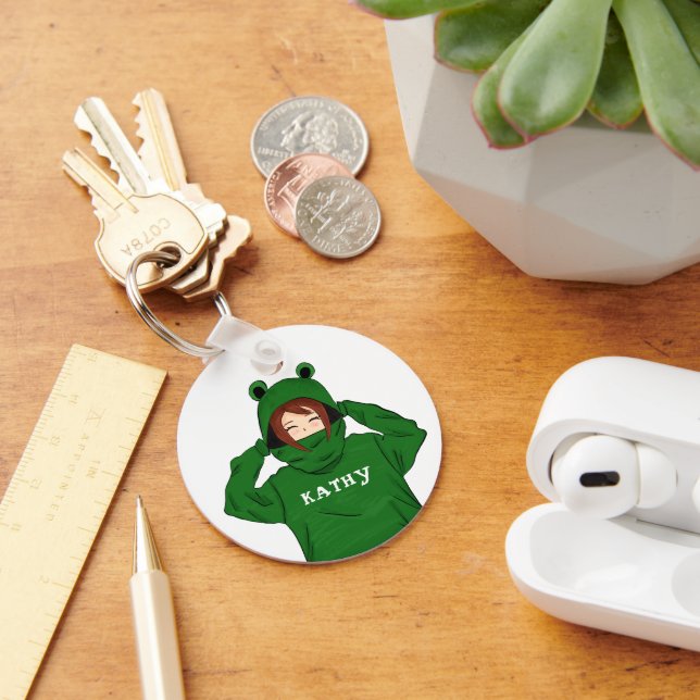 Cute Girl with Green Frog Hoody Drawing Keychain (Desk)