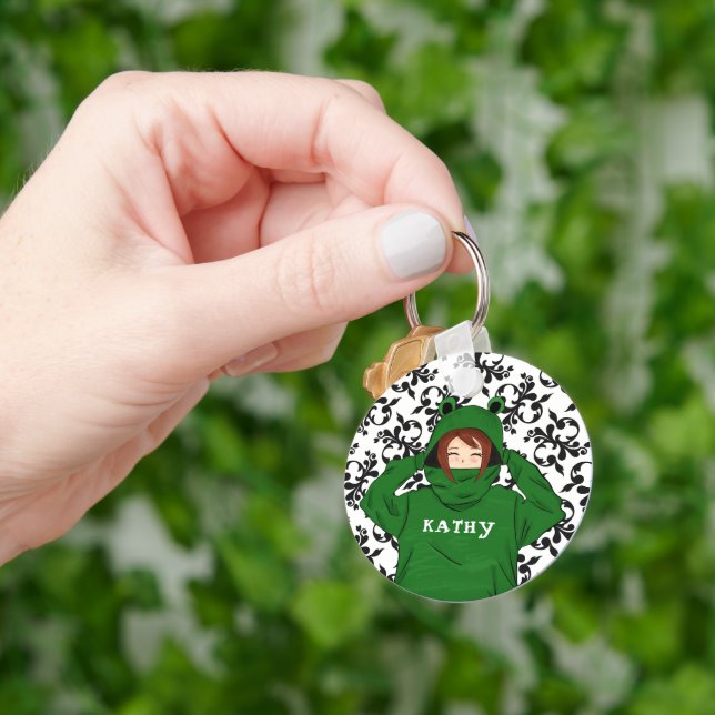 Cute Girl with Green Frog Hoody Drawing  Keychain (Hand)
