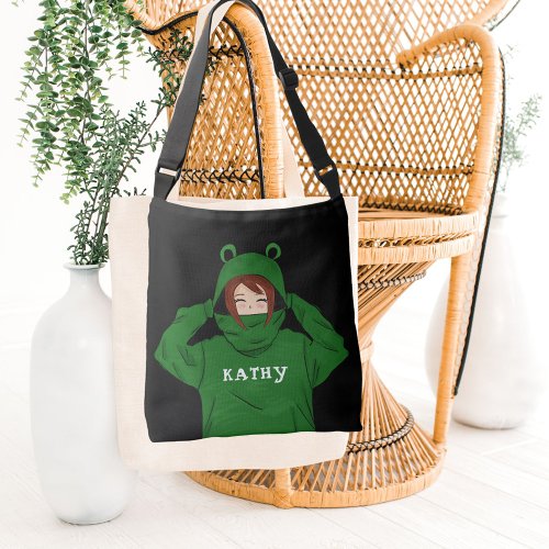 Cute Girl with Green Frog Hoody Drawing Name Crossbody Bag