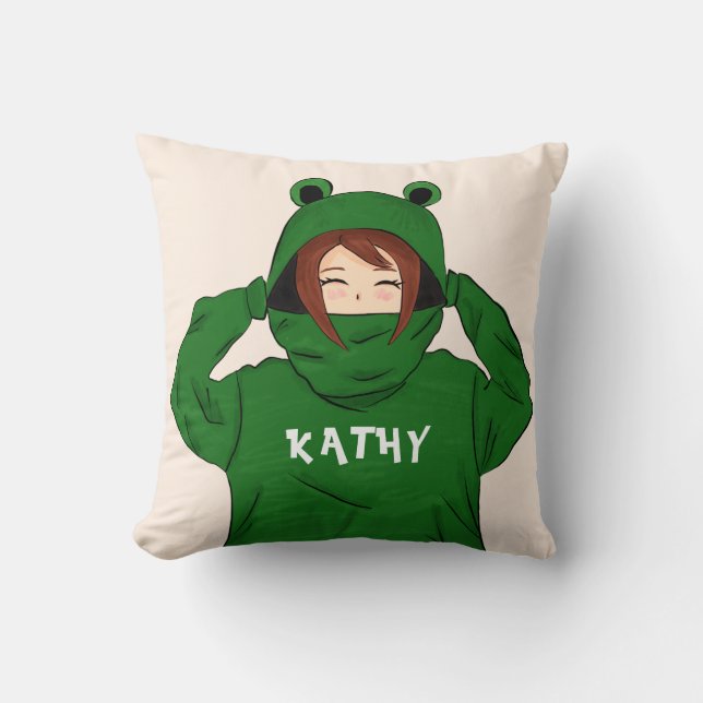 Cute Girl with Green Frog Hoody Drawing Name Throw Pillow (Front)
