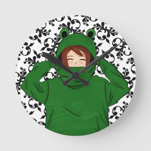 Cute Girl with Green Frog Hoody Drawing Round Clock