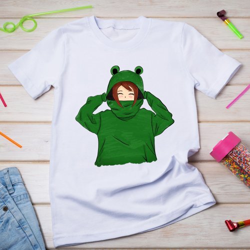 Cute Girl with Green Frog Hoody Drawing T_shirt