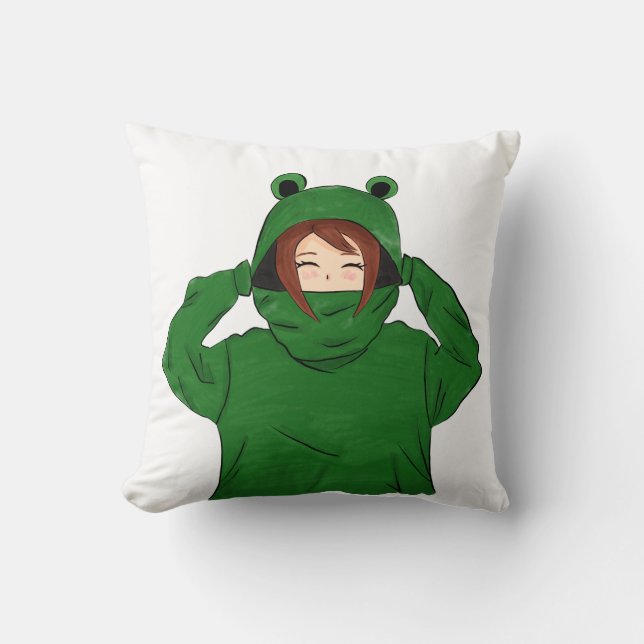 Cute Girl with Green Frog Hoody Drawing Throw Pillow (Front)