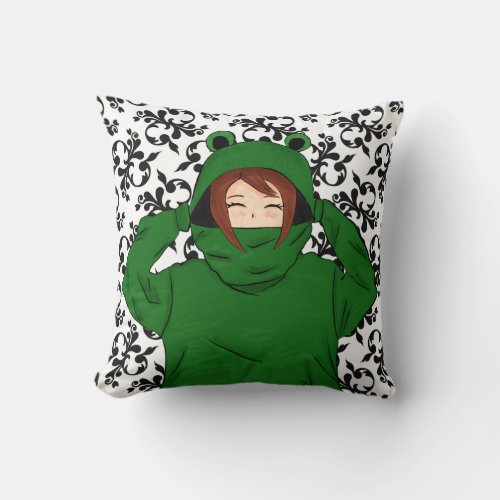 Cute Girl with Green Frog Hoody Drawing Throw Pillow