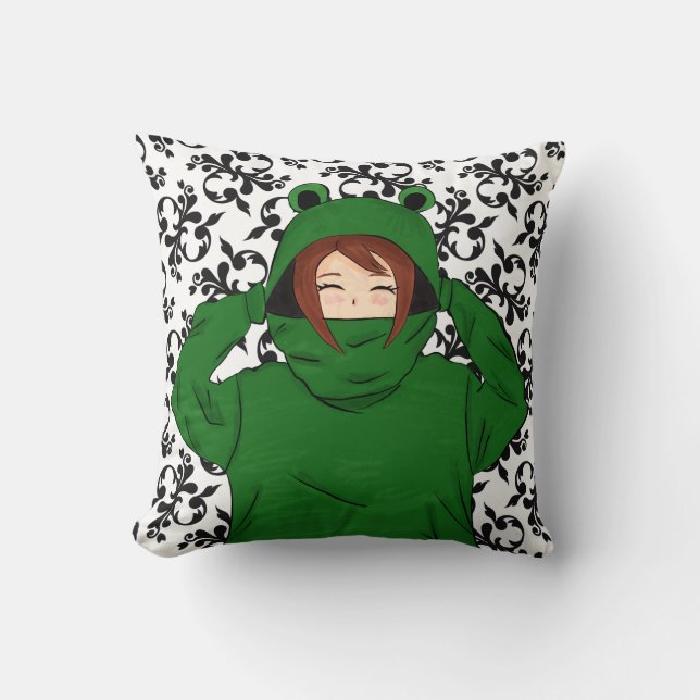 Cute Girl with Green Frog Hoody Drawing Throw Pillow (Front)