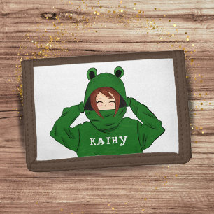 Cute Girl with Green Frog Hoody Drawing Tri-fold Wallet