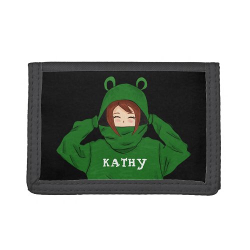Cute Girl with Green Frog Hoody Drawing Trifold Wallet