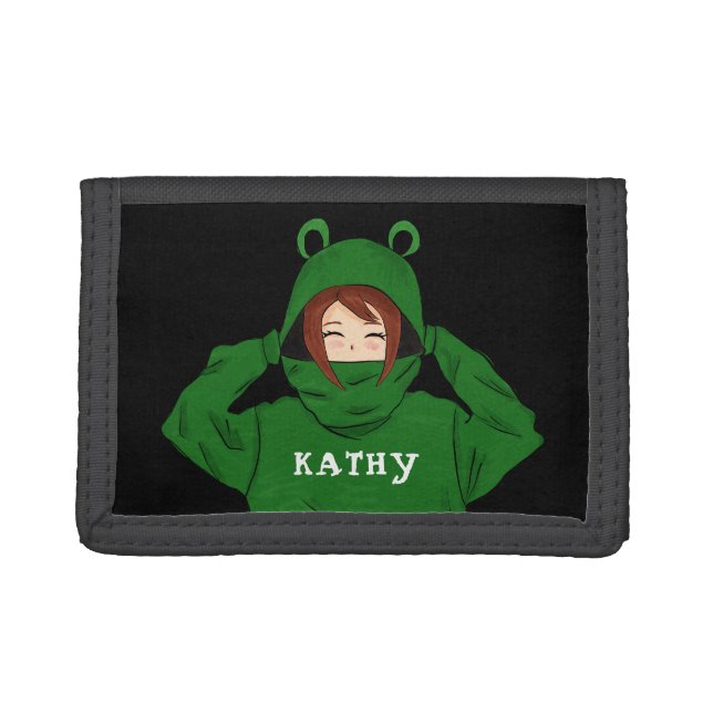 Cute Girl with Green Frog Hoody Drawing Trifold Wallet (Front)